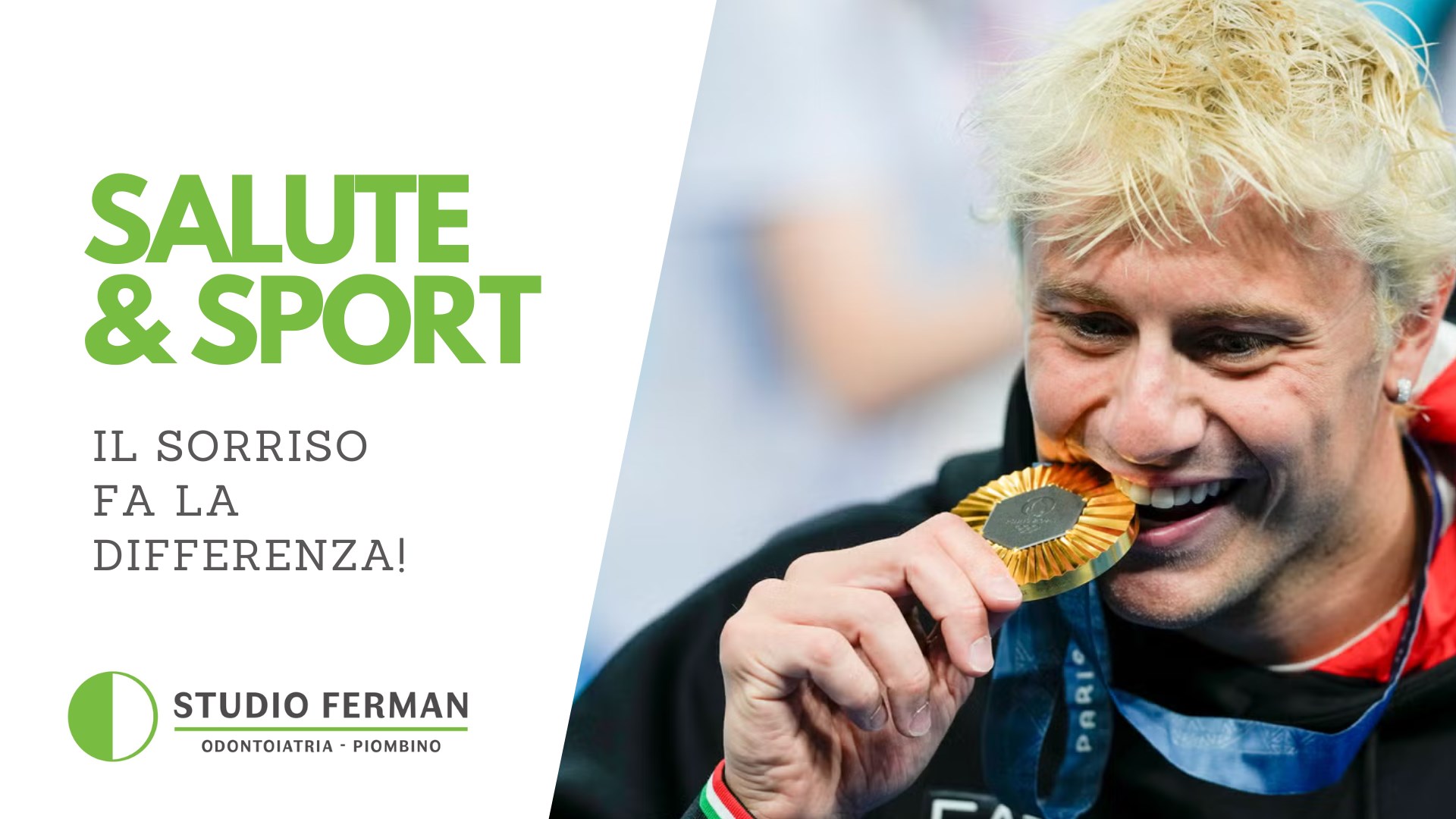 Atleta con medaglia tra i denti in primo piano