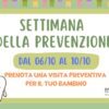 Locandina della settimana della prevenzione dentale per bambini presso lo Studio Ferman con le date dell'evento e un disegno di un bambino sorridente con un dente.