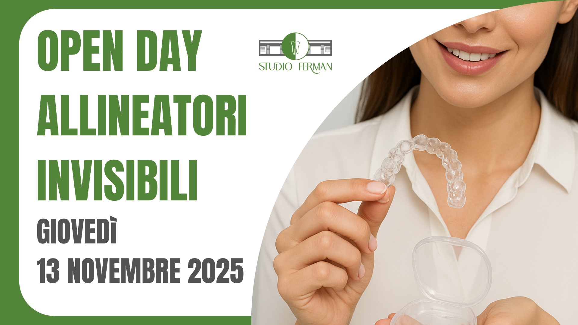 Donna che indossa allineatori trasparenti durante l'Open Day per Ortodonzia Invisibile dello Studio Ferman (13 Novembre).